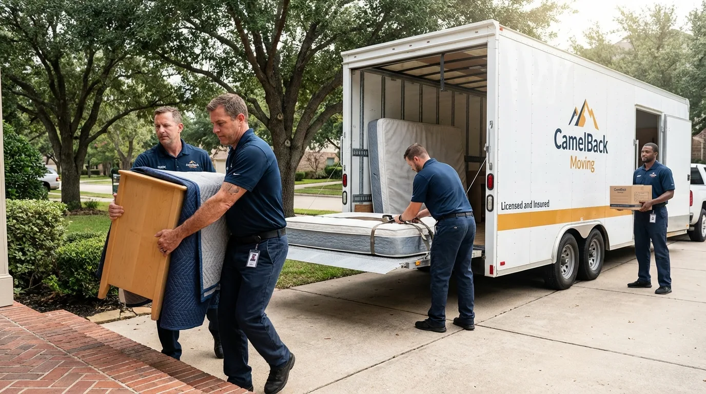 Crew loading residential truck for cross-state move from Seguin, TX
