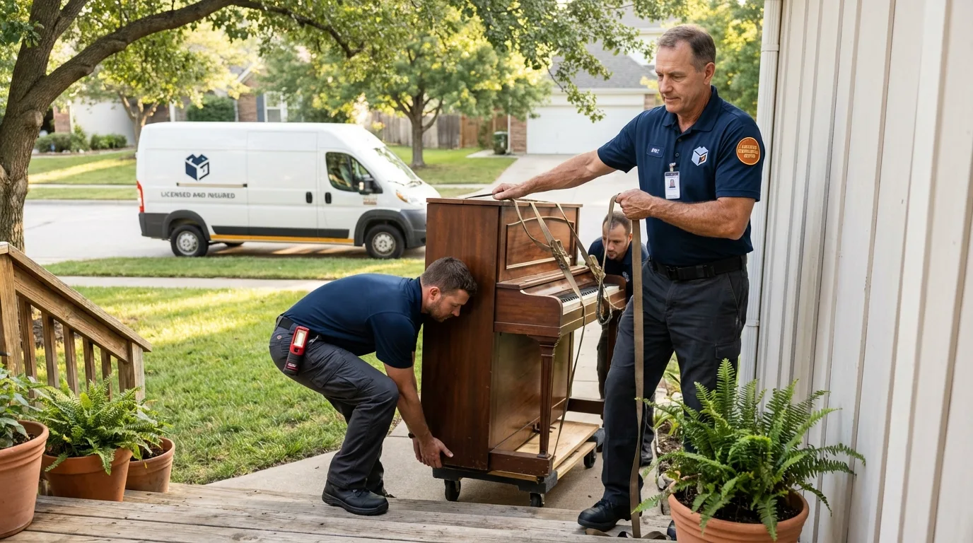 Licensed piano movers securing grand piano in Seguin, TX