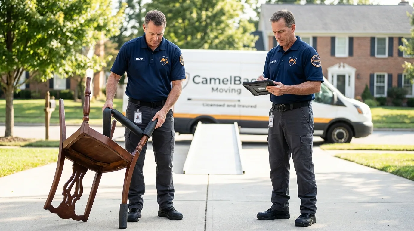 Movers inspecting furniture for damage prevention before loading in Seguin, TX